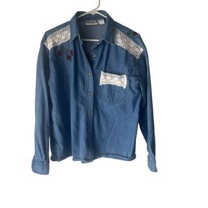 Haik's Vintage‎ 90s Medium Denim Cottage Lace Rose Floral Embrodered Button Up